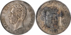 SPAIN. 5 Pesetas, 1871 (71)-SDM. Seville Mint. Amadeo I. PCGS AU-58 Gold Shield.
KM-666; Cal-Type-3#5. A wholesome and well struck coin, with no nota...