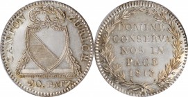 SWITZERLAND. Zurich. 20 Batzen, 1813. PCGS MS-65 Gold Shield.
KM-188; HMZ-2-1173a. A crisply struck and lustrous gem quality coin with light toning a...