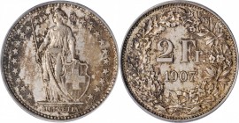 SWITZERLAND. 2 Francs, 1907-B. Bern Mint. PCGS AU-53.
KM-21. Mintage: 300,000. A lightly circulated example of this much better date with variegated ...
