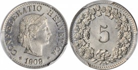 SWITZERLAND. 5 Rappen, 1909-B. Bern Mint. PCGS MS-65 Gold Shield.
KM-26; HMZ 2-1212dd. A crisply struck and pleasing little gem with full satiny lust...