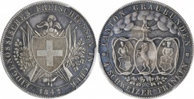 SWITZERLAND. Graubunden Shooting Festival 4 Franken, 1842. PCGS AU-50 Gold Shield.
KM-17; R-836a; HMZ 2-1340a. Mintage: 6,000. Struck to commemorate ...