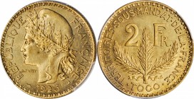 TOGO. Bronze Aluminum 2 Francs Essai (Pattern), 1925. Paris Mint. PCGS SPECIMEN-66 Gold Shield.
Lec-15 Var. (8 gms). Charmingly designed and stunning...