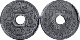 TUNISIA. Zinc 5 Centimes Essai (Pattern), 19(40). PCGS MS-65 Gold Shield.
Lec-89; cf. KM-258. An interesting pattern struck with incomplete dates in ...