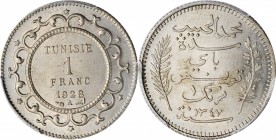 TUNISIA. Copper Nickel Franc Essai (Pattern), 1928-A. Paris Mint. PCGS SPECIMEN-65 Gold Shield.
Lec-235a. Weight: 5.79 gms. A VERY RARE variant of th...