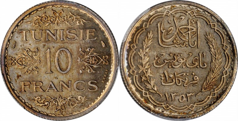 TUNISIA. Silver 10 Franc Essai (Pattern), AH 1353 (1934). PCGS SPECIMEN-66 Gold ...