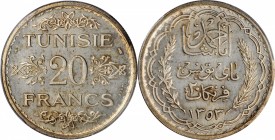 TUNISIA. Silver 20 Franc Essai (Pattern), AH 1353 (1934). PCGS SPECIMEN-66 Gold Shield.
Lec-363; KM-E18. Weight: 19.96 gms, reeded edge. A sharply st...