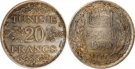 TUNISIA. 20 Franc Essai (Pattern), AH 1353 (1934). PCGS SPECIMEN-66 Gold Shield.
Lec-363; cf. KM-263. A boldly struck and lustrous pattern with warm ...