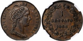 VENEZUELA. Centavo, 1858-H. Heaton Mint. NGC AU-58.
KM-Y-7. Libertad Incuse, HEATON on Neck. A well struck Centavo with rich dark brown patina.
Esti...