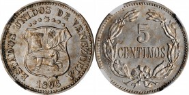 VENEZUELA. 5 Centimos, 1896. NGC MS-63.
KM-Y-27. A pleasing, lightly toned coin with satiny luster.
Estimate: $100.00- $150.00