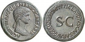 (42 d.C.). Agripina madre. Sestercio. (Spink 1906) (Co. 3) (RIC. 102, de Claudio). 29,19 g. Campos repasados. (EBC).