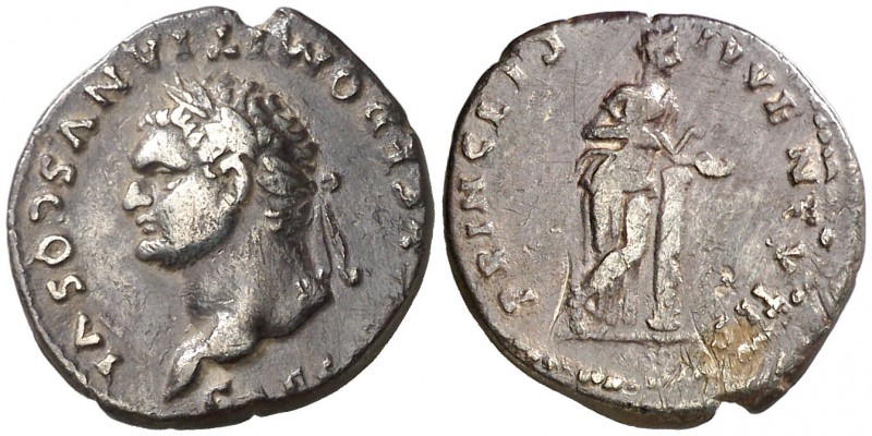 (79 d.C.). Domiciano. Denario. (Spink 2642 var) (S. 385) (RIC. 1085, de Vespasia...