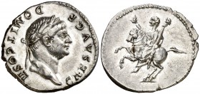 (73-75 d.C.). Domiciano. Denario. (Spink 2644) (S. 664) (RIC. 680, de Vespasiano). 3,40 g. EBC.