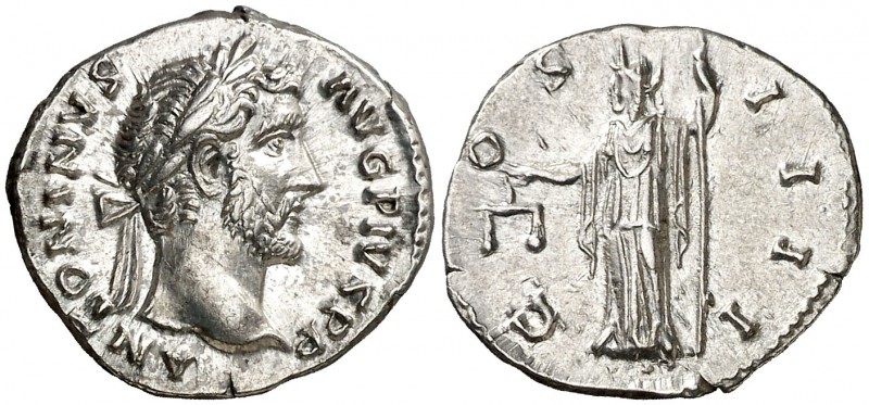 (146 d.C.). Antonino pío. Denario. (Spink 4066) (S. 228) (RIC. 127). 3,47 g. EBC...