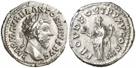 (161 d.C.). Marco Aurelio. Denario. (Spink 4925 var) (S. 508) (RIC. 23). 3,23 g. EBC/EBC-.
