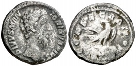 (180 d.C.). Marco Aurelio. Denario. (Spink 5973) (S. 84) (RIC. 272, Cómodo). 3,20 g. Raspadura en reverso. BC+.