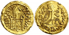 A nombre de Justino II. Triente de imitación. (Tomasini 513 sim). 1,47 g. Algo alabeada. Rara. (MBC+).