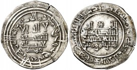 AH. 333. Califato. Abderrahman III. Al Andalus. Dirhem. (V. 404) (Fro. 12). 3,41 g. Pequeña grieta marginal. MBC+.