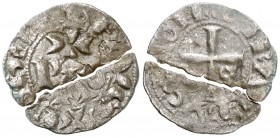 Comtat del Rosselló. Gerard II (1164-1172). Perpinyà. Òbol. (Cru.V.S. 116) (Cru.C.G. 1902). 0,28 g. Partida en dos trozos. Muy rara. (MBC-).