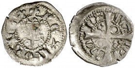 Pere III (1336-1387). Barcelona. Òbol. (Cru.V.S. como el diner 427 var) (Cru.C.G. como el diner 2237 var). 0,43 g. Letras A y U latinas. MBC-.