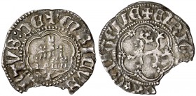 Enrique IV (1454-1474). Toledo. Cuarto de real. (AB. 704 var). 0,80 g. Orlas lobulares en anverso y reverso. Cospel faltado. Precioso color. Ex Colecc...