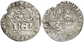 Enrique IV (1454-1474). Burgos. Medio real de anagrama. (AB. 719). 1,50 g. Orlas lobulares en anverso y reverso. Cospel algo faltado. Escasa. MBC-.