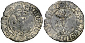 Reyes Católicos. Sevilla. 1 blanca. (AC. 46) (Seb. 753 var). 1,12 g. y entre los adornos de las iniciales. Marca de ceca pequeña. BC+.