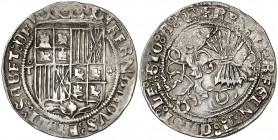 Reyes Católicos. Toledo. 1 real. (AC. 464). 3,37 g. Leones y castillos en el cuartel de la derecha. Los leones rectificados sobre castillos. Muy rara....