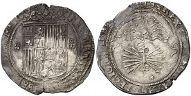 Reyes Católicos. Sevilla. 4 reales. (AC. 561). 13,67 g. Yugo y flechas en distinta posición. La leyenda comienza a la 1h del reloj. Flan grande. Pátin...