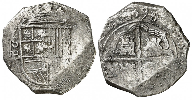 1598/7. Felipe II. Sevilla. B. 2 reales. (AC. 425.1). 6,65 g. Tipo "OMNIVM". Fec...