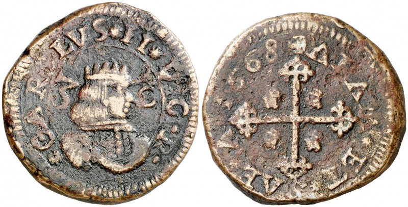 1668. Carlos II. Cagliari. 3 cagliareses. (Vti. 204) (MIR. 91/1). 14,34 g. MBC-.