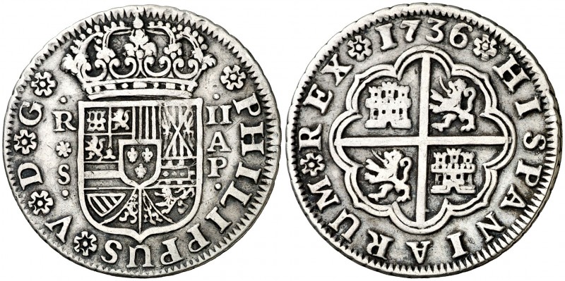 1736. Felipe V. Sevilla. AP. 2 reales. (AC. 995). 5,80 g. MBC.