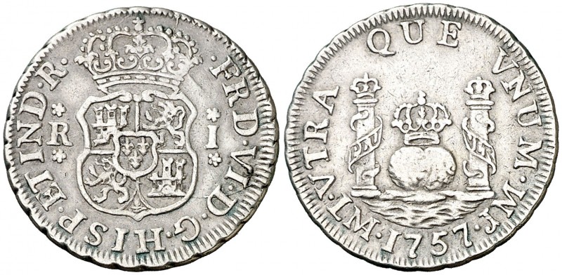 1757. Fernando VI. Lima. JM. 1 real. (AC. 160). 3,33 g. Columnario. Sin punto so...