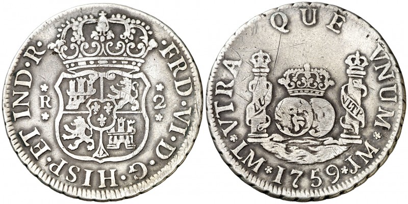 1759. Fernando VI. Lima. JM. 2 reales. (AC. 277). 6,51 g. Columnario. Sin punto ...