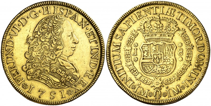 1751. Fernando VI. Lima. J. 8 escudos. (AC. 764) (Cal.Onza 577). 26,95 g. Rayita...