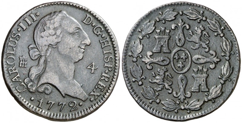 1772. Carlos III. Segovia. 4 maravedís. (AC. 52). 4,95 g. Escasa. MBC-.