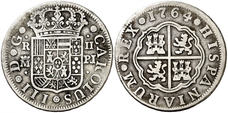 1764. Carlos III. Madrid. PJ. 2 reales. (AC. 612). 5,69 g. MBC-.