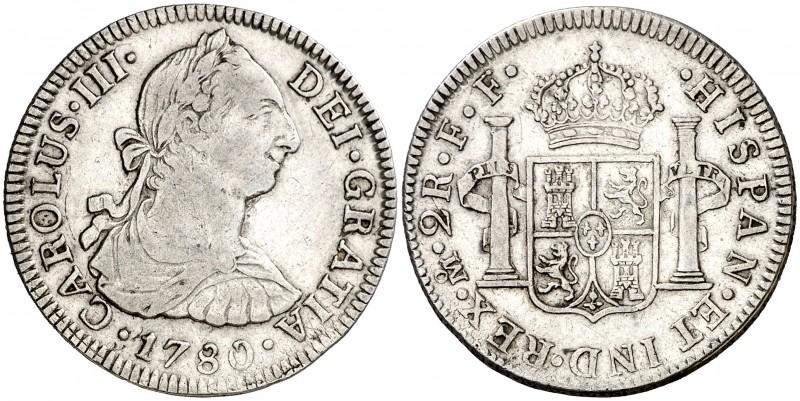 1780. Carlos III. México. FF. 2 reales. (AC. 669). 6,68 g. MBC-/MBC.