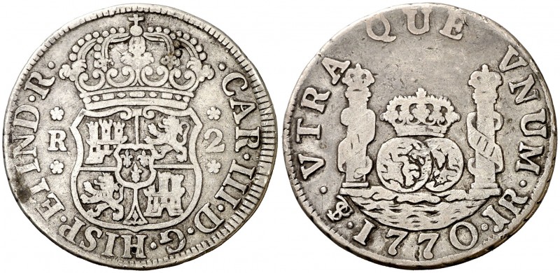 1770. Carlos III. Potosí. JR. 2 reales. (AC. 711). 6,33 g. Columnario. Rayita. E...