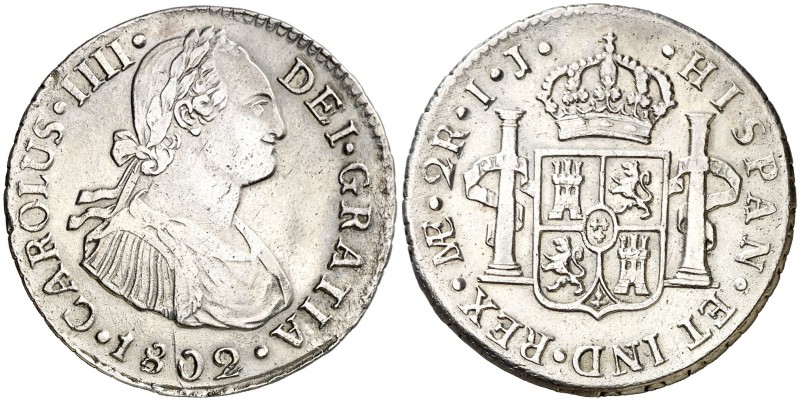 1802. Carlos IV. Lima. IJ. 2 reales. (AC. 585). 6,50 g. Plata ligeramente agria....