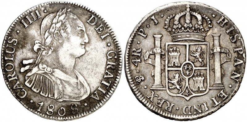 1808/9. Carlos IV. Potosí. PJ. 4 reales. (AC. 846). 13,41 g. Leves oxidaciones. ...