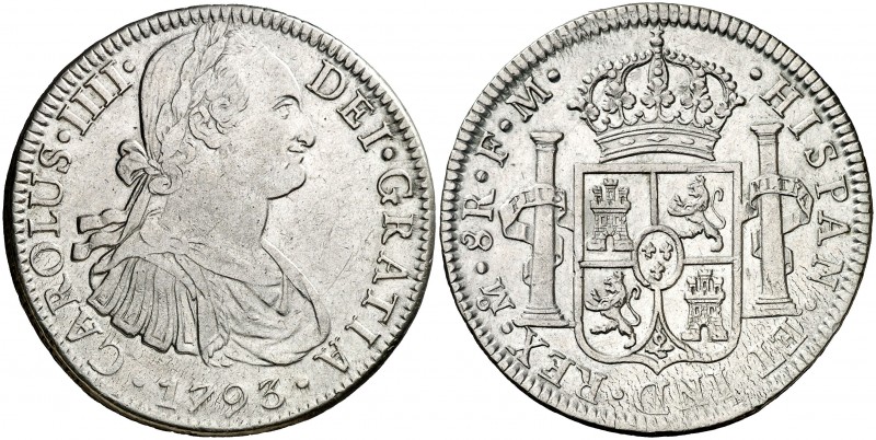 1793. Carlos IV. México. FM. 8 reales. (AC. 955). 26,91 g. Rayitas. Plata ligera...