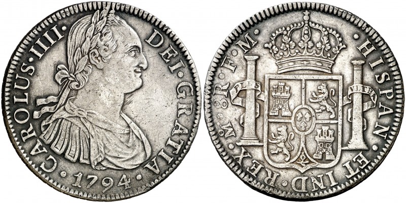 1794. Carlos IV. México. FM. 8 reales. (AC. 956). 26,80 g. Rayitas. Buen ejempla...