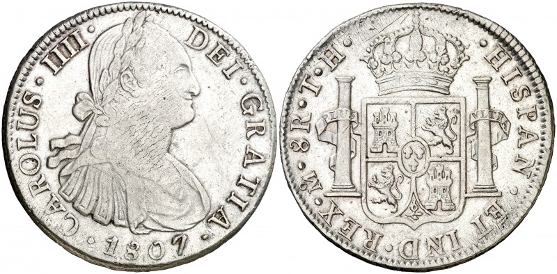 1807. Carlos IV. México. TH. 8 reales. (AC. 986). 26,77 g. Rayitas. Plata agria....