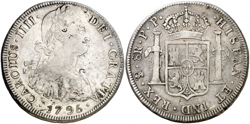 1795. Carlos IV. Potosí. PP. 8 reales. (AC. 999). 26,71 g. Pequeños resellos ori...