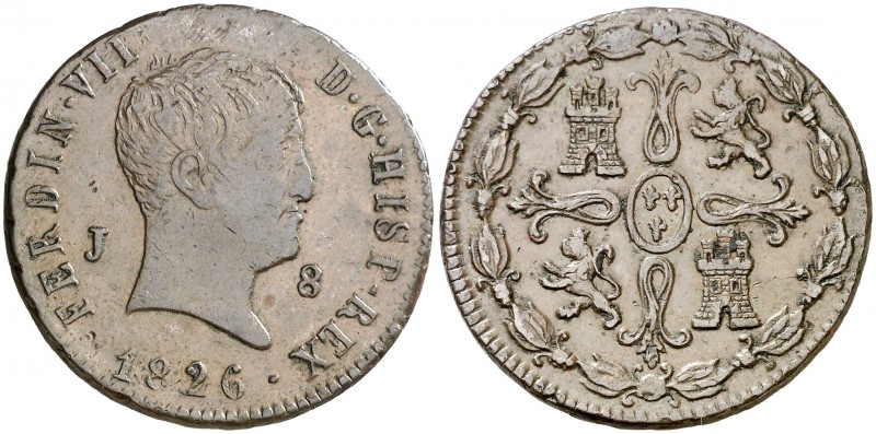 1826. Fernando VII. Jubia. 8 maravedís. (AC. 209). 10 g. Tipo "Cabezón". Ex Cole...