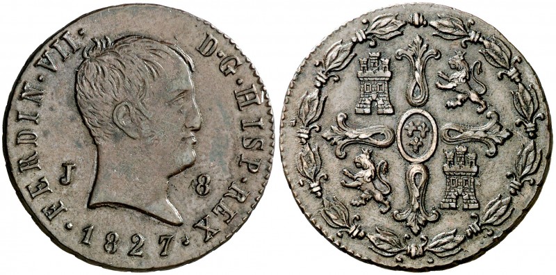 1827. Fernando VII. Jubia. 8 maravedís. (AC. 210). 10,80 g. Tipo "Cabezón". EBC-...