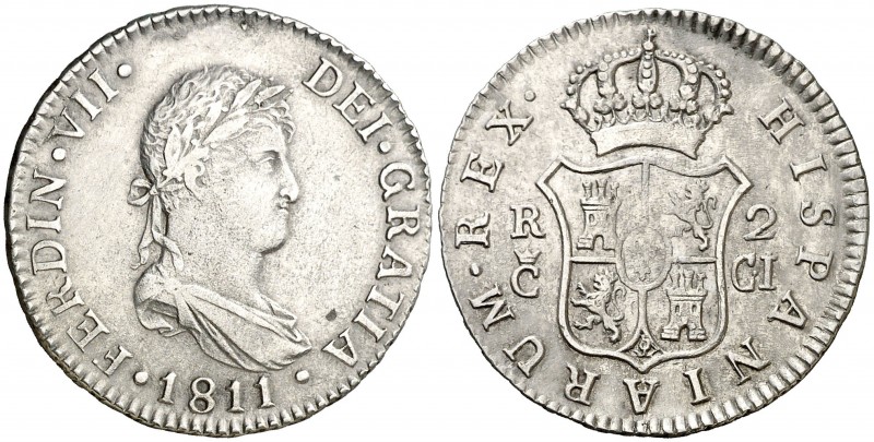 1811. Fernando VII. Cádiz. CI. 2 reales. (AC. 726). 5,64 g. Marca de ceca grande...