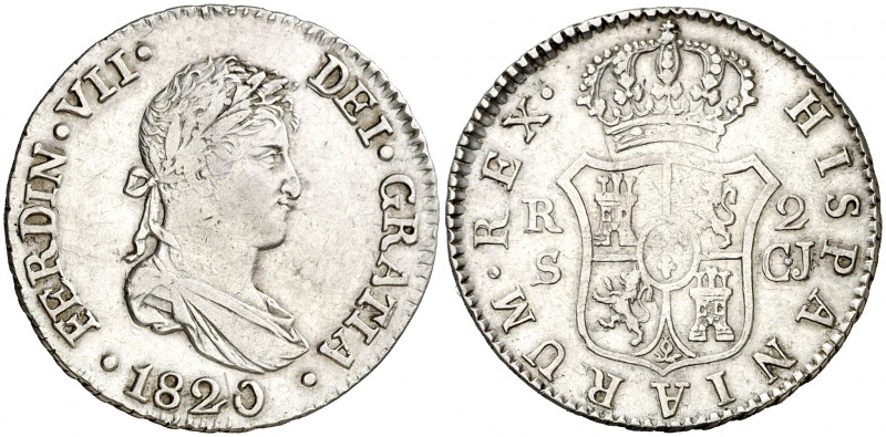 1820. Fernando VII. Sevilla. CJ. 2 reales. (AC. 952). 5,89 g. MBC.