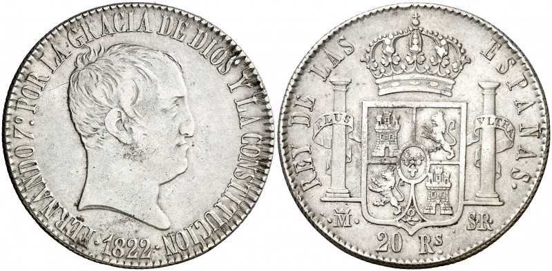 1822. Fernando VII. Madrid. SR. 20 reales. (AC. 1282). 26,89 g. Tipo "Cabezón". ...