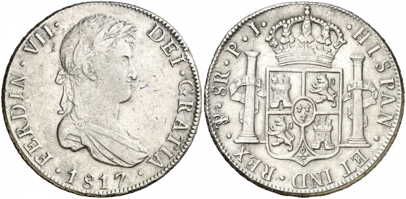 1817. Fernando VII. Potosí. PJ. 8 reales. (AC. 1381). 26,39 g. MBC/MBC+.